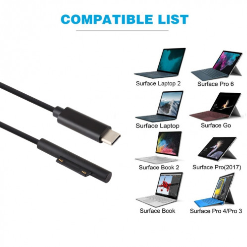 Câble de charge d'alimentation USB-C / Type-C à 6 broches magnétique pour ordinateur portable pour Microsoft Surface Pro 6/5, longueur du câble: environ 1,5 m SH0809819-08