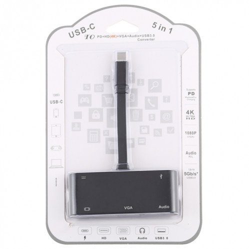 V126 UCB-C / Type-C mâle vers PD + HDMI + VGA + Audio + USB 3.0 femelle 5 en 1 convertisseur SH0852778-010
