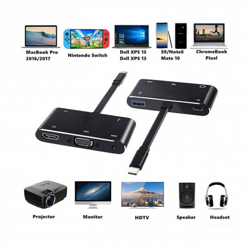 V126 UCB-C / Type-C mâle vers PD + HDMI + VGA + Audio + USB 3.0 femelle 5 en 1 convertisseur SH0852778-010