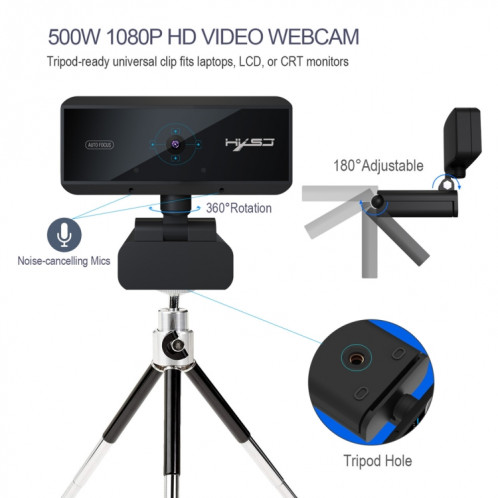 HXSJ S3 500W 1080P Caméra de mise au point automatique à 180 degrés HD réglable avec microphone (noir) SH861B1149-010