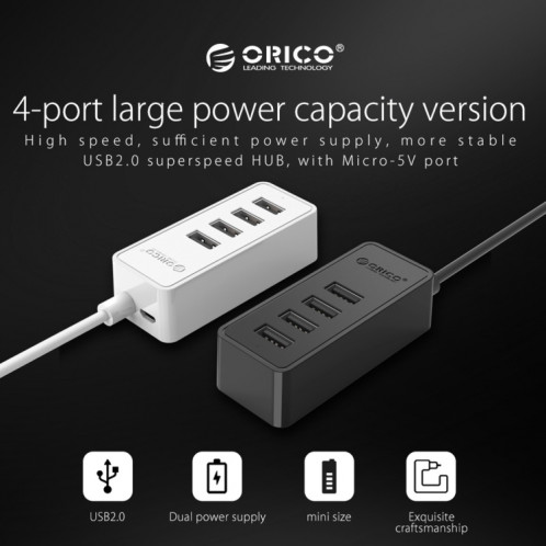 ORICO W5P-U2-100 USB 2.0 Bureau HUB avec 100 cm Micro Câble USB Alimentation (Noir) SO120B1899-016