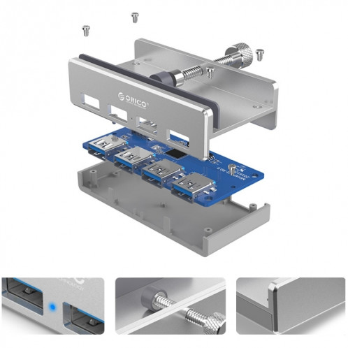 ORICO MH4PU Alliage d'aluminium 4 Ports USB 3.0 Clip-type HUB avec 1 m de câble USB, Largeur de Clip Plage: 10-32mm SO1123706-010