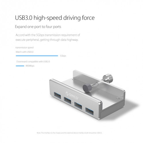 Orico MH4PU Alliage Aluminium 4 ports HUB USB 3.0 Clip-Clip avec câble USB 1M, largeur de pince: 10-32mm (noir) SO123B30-010