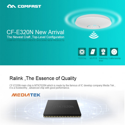 COMFAST CF-E320N MTK7620N 300Mbps / s mur de forme d'UFO sans fil WiFi AP / répéteur avec 7 couleurs LED voyant et adaptateur 48V POE, a obtenu la certification CE / ROHS / FCC / CCC SC112455-019
