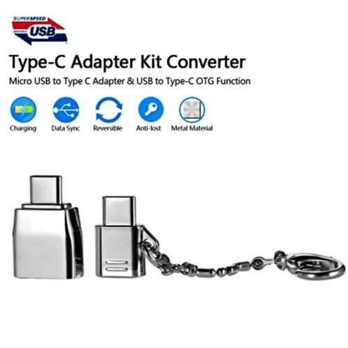 Micro USB Femelle vers USB-C / Type-C Mâle + USB 2.0 Femelle vers USB-C / Type-C Mâle Adaptateur Métal, Adaptateur Micro USB Femelle vers USB-C / Type-C Mâle + USB 2.0 Femelle vers USB-C / Type-C Mâle Métal SH1188272-010