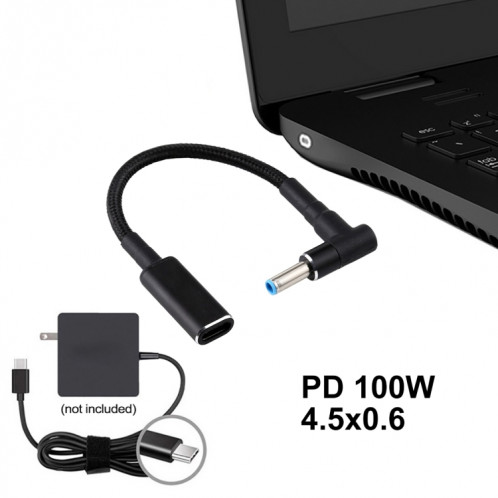 PD 100W 18,5-20V 4,5 x 0,6 mm coude vers adaptateur USB-C / Type-C Câble tresse en nylon pour HP SH11941697-05