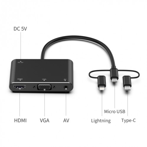 7585B 3 en 1 micro USB / 8 broches / type-C à VGA / HDTV / AV Adaptateur HD Mobile HD Ecran Vecteur (Blanc) SH601W1795-08