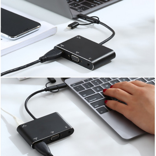 7585B 3 en 1 micro USB / 8 broches / type-C à VGA / HDTV / AV Adaptateur HD Mobile HD Screen Acteur (Noir) SH601B1438-08