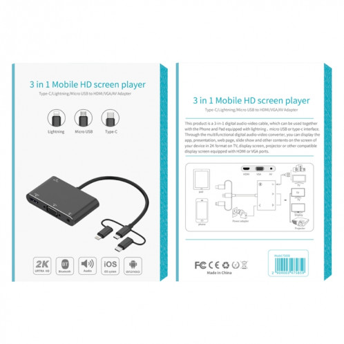7585B 3 en 1 micro USB / 8 broches / type-C à VGA / HDTV / AV Adaptateur HD Mobile HD Ecran Vecteur (Blanc) SH601W1795-08