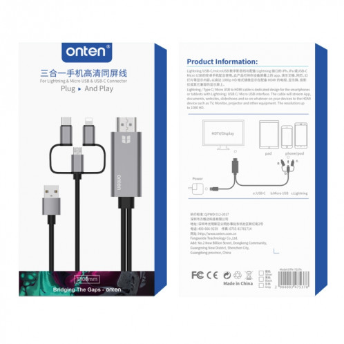 ONTEN OTN-7537A 3 en 1 1080P Mobile HD Screen Player Câble d'adaptateur (gris) SO602H726-08