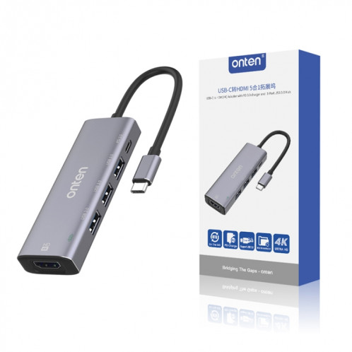 ONTEN OT-95123 5 en 1 Station d'accueil HDMI Type-C + USB + HDMI, Longueur du câble: 145mm (argent) SO672S13-016