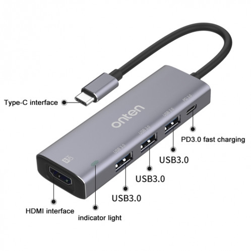 ONTEN OT-95123 5 en 1 Station d'accueil HDMI Type-C + USB + HDMI, Longueur du câble: 145mm (argent) SO672S13-016