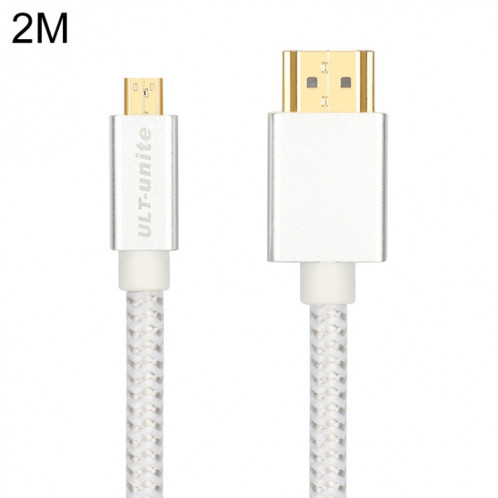 Tête plaquée or ultime HDMI mâle HDMI à micro HDMI câble tressé en nylon mâle, longueur de câble: 2m (argent) SU699S440-06