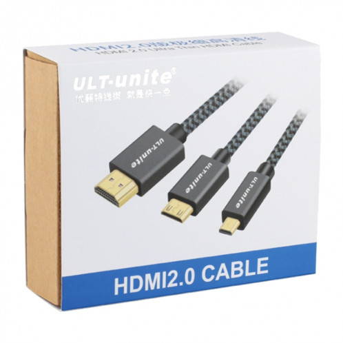 Tête plaqué or ultime HDMI mâle HDMI mâle micro HDMI câble tressé de nylon mâle, longueur de câble: 2m (noir) SU699B1603-06