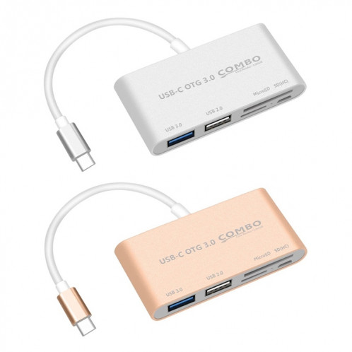 Combo T-693 5 en 1 USB-C / TYPE-C à SD / TF / Micro SD Slot + USB 3.0 + USB 2.0PORTS Lecteur de carte HUB OTG 2.0ports (argent) SH779S615-07