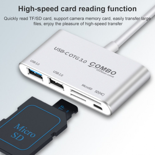 Combo T-693 5 en 1 USB-C / TYPE-C à SD / TF / Micro SD Slot + USB 3.0 + USB 2.0PORTS Lecteur de carte HUB OTG 2.0ports (argent) SH779S615-07