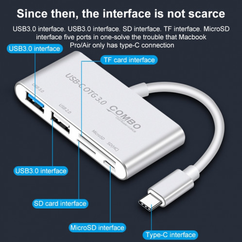 Combo T-693 5 en 1 USB-C / TYPE-C à SD / TF / Micro SD Slot + USB 3.0 + USB 2.0PORTS Lecteur de carte HUB OTG 2.0ports (argent) SH779S615-07