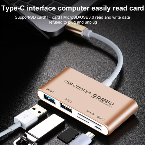 Combo T-693 5 en 1 USB-C / TYPE-C à SD / TF / Micro SD Slot + USB 3.0 + USB 2.0PORTS Lecteur de carte HUB OTG 2.0ports (argent) SH779S615-07