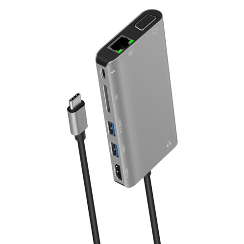 ONTEN 9591BD 8 en 1 USB-C / TYPE-C à PD USB-C / TYPE-C Chargement + Gigabit Ethernet + Dual USB 3.0 + HDMI + VGA + SD Slot de carte SD + 3.5mm Aux HUB (gris) SO921H1475-07