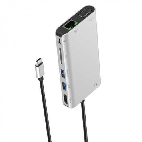 ONTEN 9591BD 8 en 1 USB-C / TYPE-C à PD USB-C / TYPE-C Chargement + Gigabit Ethernet + Dual USB 3.0 + HDMI + VGA + Fente de carte SD + 3.5mm Aux HUB (argent) SO921S1411-07