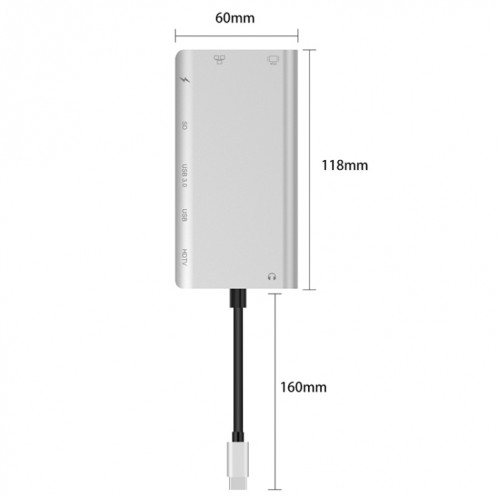 ONTEN 9591BD 8 en 1 USB-C / TYPE-C à PD USB-C / TYPE-C Chargement + Gigabit Ethernet + Dual USB 3.0 + HDMI + VGA + Fente de carte SD + 3.5mm Aux HUB (argent) SO921S1411-07