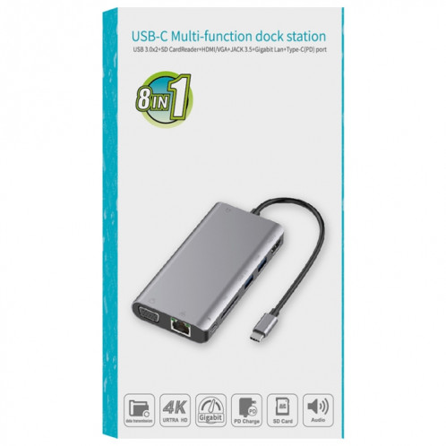 ONTEN 9591BD 8 en 1 USB-C / TYPE-C à PD USB-C / TYPE-C Chargement + Gigabit Ethernet + Dual USB 3.0 + HDMI + VGA + SD Slot de carte SD + 3.5mm Aux HUB (gris) SO921H1475-07