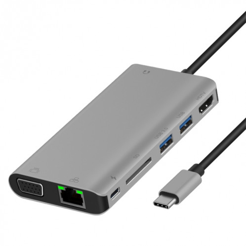 ONTEN 9591BD 8 en 1 USB-C / TYPE-C à PD USB-C / TYPE-C Chargement + 100M Port Ethernet + Dual USB 3.0 + HDMI + VGA + SD Slot SD + 3.5mm Aux HUB (gris) SO926H13-07