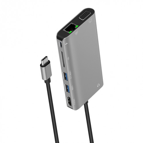 ONTEN 9591BD 8 en 1 USB-C / TYPE-C à PD USB-C / TYPE-C Chargement + 100M Port Ethernet + Dual USB 3.0 + HDMI + VGA + SD Slot SD + 3.5mm Aux HUB (gris) SO926H13-07