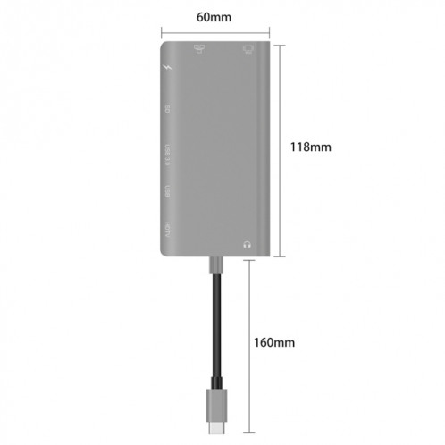 ONTEN 9591BD 8 en 1 USB-C / TYPE-C à PD USB-C / TYPE-C Chargement + 100M Port Ethernet + Dual USB 3.0 + HDMI + VGA + SD Slot SD + 3.5mm Aux HUB (gris) SO926H13-07
