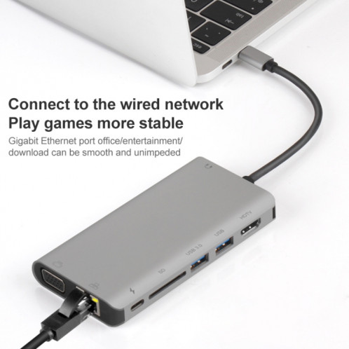 ONTEN 9591BD 8 en 1 USB-C / TYPE-C à PD USB-C / TYPE-C Chargement + 100M Port Ethernet + Dual USB 3.0 + HDMI + VGA + SD Slot SD + 3.5mm Aux HUB (gris) SO926H13-07