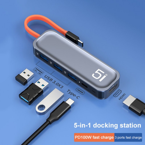 Rock TR21 USB-C / TYPE-C à HDMI + USB3.0 x 3 + PD 4K 60Hz 5 en 1 station d'accueil SR20061542-07