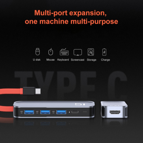Rock TR21 USB-C / TYPE-C à HDMI + USB3.0 x 3 + PD 4K 60Hz 5 en 1 station d'accueil SR20061542-07