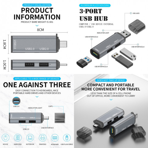 3 ports USB 2.0 x 2 + USB 3.0 à l'adaptateur Hub USB-C / C / C SH2008672-06