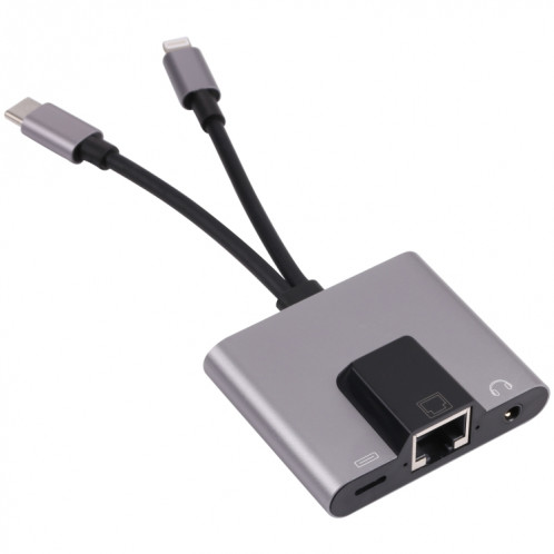 NK-1056PRO 3 en 1 8 broches + USB-C / Type-C mâle à 8 broches Chargements + Ethernet + 3.5mm Écouteur Adaptateur femelle SH21231493-06