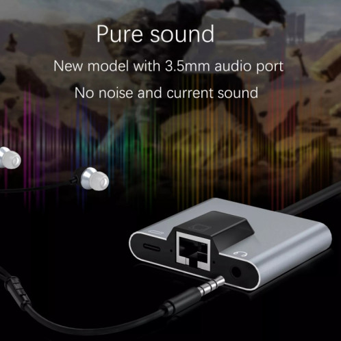 NK-1056TC 3 en 1 Homme USB-C / Type-C à la charge USB-C / TYPE-C + Ethernet + 3.5mm Écouteur Adaptateur femelle SH2126366-07
