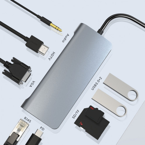 Adaptateur RJ45 9 en 1 + PD + SD/TF + USB 3.0 x 2 + HDMI + VGA + Audio vers USB-C / Type-C HUB SH22581564-07