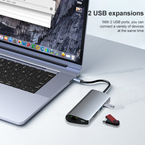 Adaptateur RJ45 9 en 1 + PD + SD/TF + USB 3.0 x 2 + HDMI + VGA + Audio vers USB-C / Type-C HUB SH22581564-07