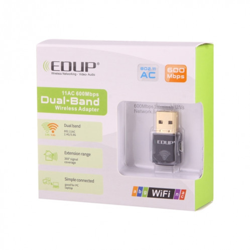 EDUP EP-AC1619 Mini USB sans fil 600Mbps 2.4G / 5.8Ghz 150M + 433M double carte réseau WiFi WiFi pour Nootbook / ordinateur portable / PC (noir) SE312B1776-09