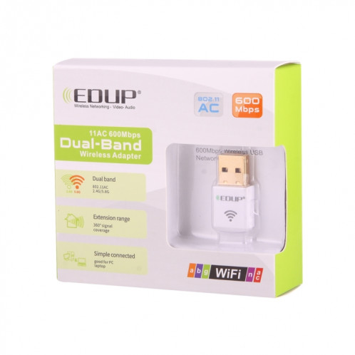 EDUP EP-AC1619 Mini USB sans fil 600Mbps 2.4G / 5.8Ghz 150M + 433M double carte réseau WiFi WiFi pour Nootbook / ordinateur portable / PC (blanc) SE312W838-09