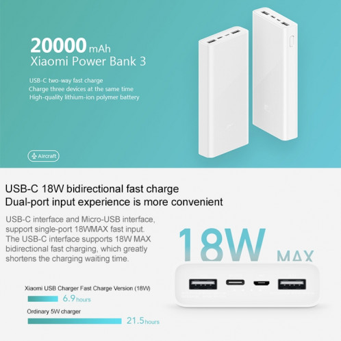 Banque d'alimentation d'origine Xiaomi Power Bank 3 20000mAh à charge rapide bidirectionnelle (blanc) SX24111129-07