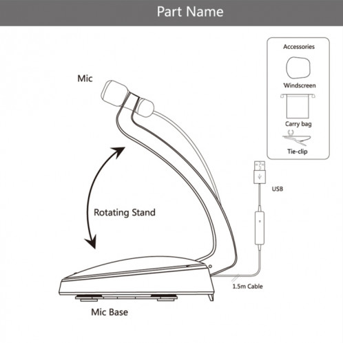 Yanmai SF-911B USB 2.0 microphone à condensateur d'enregistrement professionnel avec support de base, longueur de câble: 1,5 m (noir) SY439B1941-019