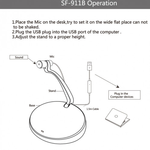 Yanmai SF-911B USB 2.0 microphone à condensateur d'enregistrement professionnel avec support de base, longueur de câble: 1,5 m (noir) SY439B1941-019