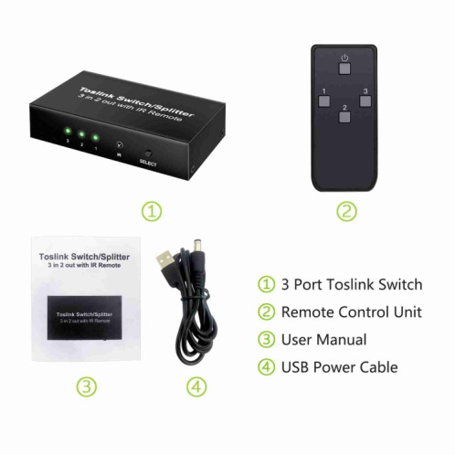 NK-T32 Toslink 3 In 2 Out Switch / Splitter avec télécommande IR SH24601556-07