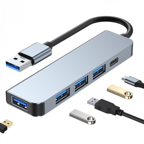 BYL-2301U Adaptateur 5 en 1 USB vers USB3.0 + USB2.0x3 + USB-C / Type-C HUB, Longueur du câble : 10 cm SH250589-06