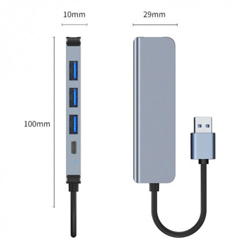 BYL-2301U Adaptateur 5 en 1 USB vers USB3.0 + USB2.0x3 + USB-C / Type-C HUB, Longueur du câble : 10 cm SH250589-06