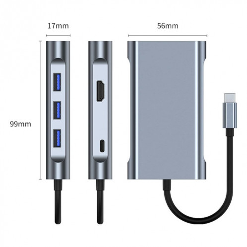BYL-2111U3 Adaptateur HUB de station d'accueil USB-C / Type-C vers USB 7 en 1 (Argent) SH512S698-08