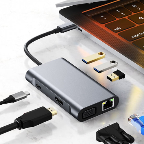 BYL-2111U3 Adaptateur HUB de station d'accueil USB-C / Type-C vers USB 7 en 1 (Argent) SH512S698-08