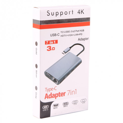 BYL-2111U3 Adaptateur HUB de station d'accueil USB-C / Type-C vers USB 7 en 1 (Argent) SH512S698-08