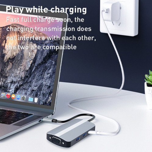 BYL-2106 Adaptateur HUB de station d'accueil USB-C / Type-C vers USB 7 en 1 (Argent) SH513S288-08