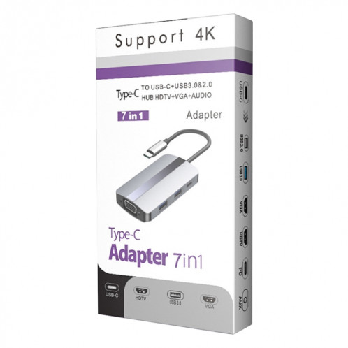 BYL-2106 Adaptateur HUB de station d'accueil USB-C / Type-C vers USB 7 en 1 (Argent) SH513S288-08